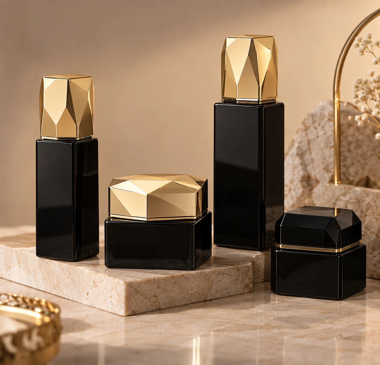Coordinated black and gold bottle and jar presentation